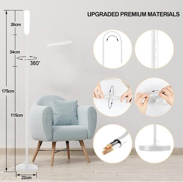 LED-стійка лампа Marctronic для вітальні, димерна, з пультом та сенсорним керуванням, 18W, 1800LM, сучасний дизайн, для офісу, спальні, біла