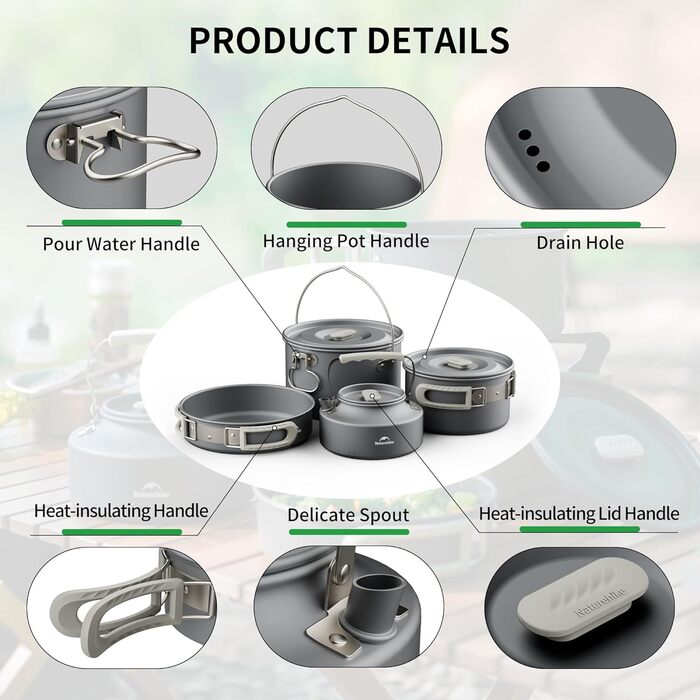 Набір посуду Naturehike для кемпінгу та приготування їжі на 2-7 осіб: каструлі, сковорідки для кемпінгу, пікніків та BBQ