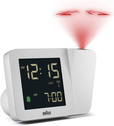Braun Digital Radio Projection Clock for Central European Time Zone (DCF) with Negative LCD Display, Quick Set and White Alarm Beep, BC15W-DCF.