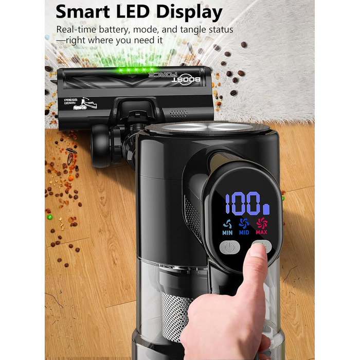 Бездротовий акумуляторний пилосос 48KPa/500W/55хв з док-станцією, LED-дисплеєм та антизаплутаною насадкою для тварин, килимів, твердих поверхонь та авто, глибокий чорний колір