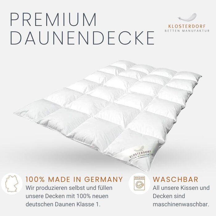 Klosterdorf Bed Manufacturing Premium All-Season Duvet | ''Heimatliebe'' (Home Love) | 155x220 cm | 600 grams | LIGHTWEIGHT | Down Duvet | Comforter | Handcrafted in Germany | For a healthy sleep | 100% pure new German down Class I 155x220 cm / 600 grams