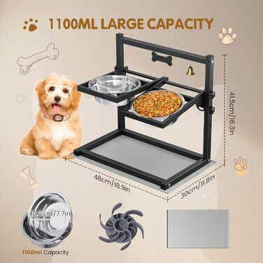 Підвищена годівниця для собак Sunowl, регульована висота та кут, 2 миски, нержавіюча сталь, повільне годування, антиковзаюча підставка