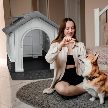 Будка для собак з пластику з дверми, дахами, вентиляційними гратами та піднятим дном, 79,5 x 70,5 x 78 см