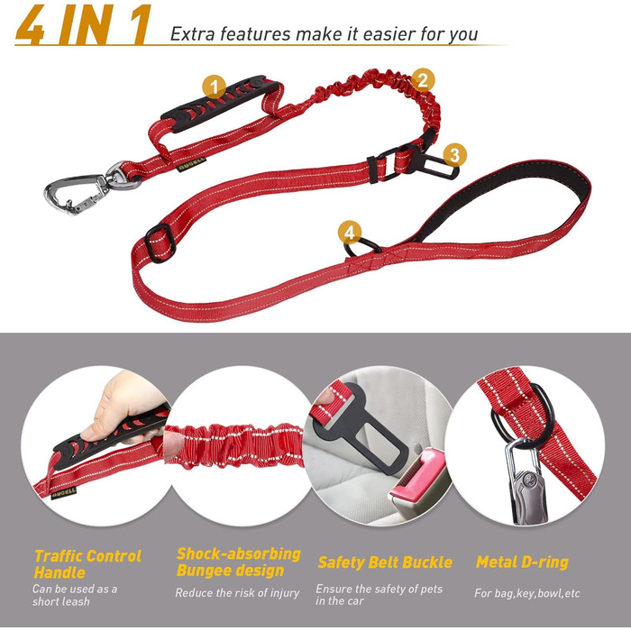 Тактична повідок для собак AUBELL, міцна, світловідбиваюча, без натягу, банджі-повідок для середніх та великих собак, з м'якою ручкою, авто-ремнем безпеки, обертання на 360°, зелена (M-L, червона)