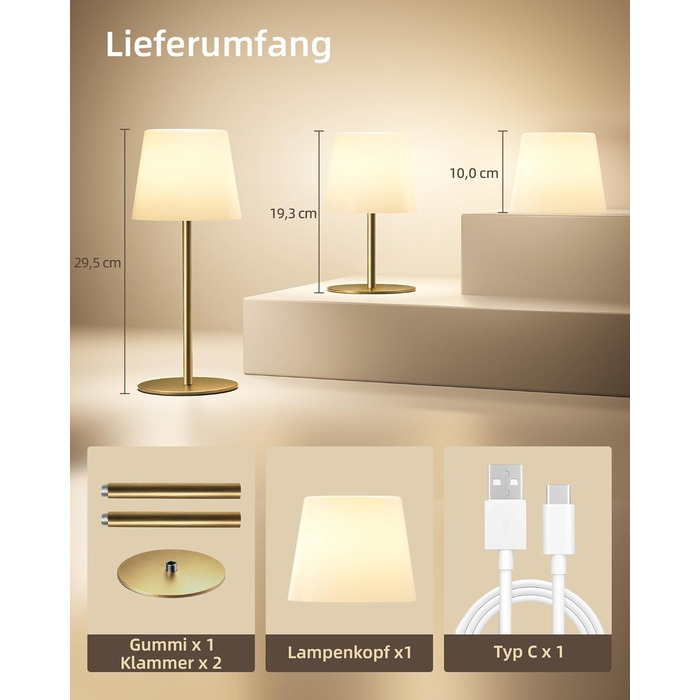 Настільна LED лампа EZVALO бездротова, 2 шт., IP65, 4500mAh, USB-C, диммер сенсорний, 3 режими світла, золота. Лампа для кемпінгу, спальні та столу.