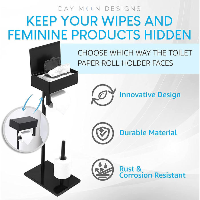 Day Moon™ Standing Toilet Paper Holder, Wet Toilet Paper Box - Toilet Paper Holder with Wet Tissue Box, Toilet Paper Holder with Shelf - Toilet Paper Holder Matte Black Free Standing