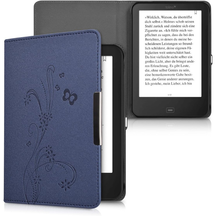 Чохол-книжка kwmobile для Tolino Shine 2 HD - Чохол для електронного читача з квітковим принтом (підрісники, метелики) білий/чорний/темно-синій