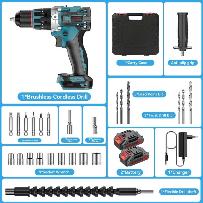 Акумуляторний шуруповерт 21V безщітковий 80 Нм – професійний шуруповерт з 2 акумуляторами 2000 мАг, 2 швидкості, 20+3 ступені крутного моменту, LED-підсвітка та аксесуари – для майстрів, майстерні та ремонту XL02-H