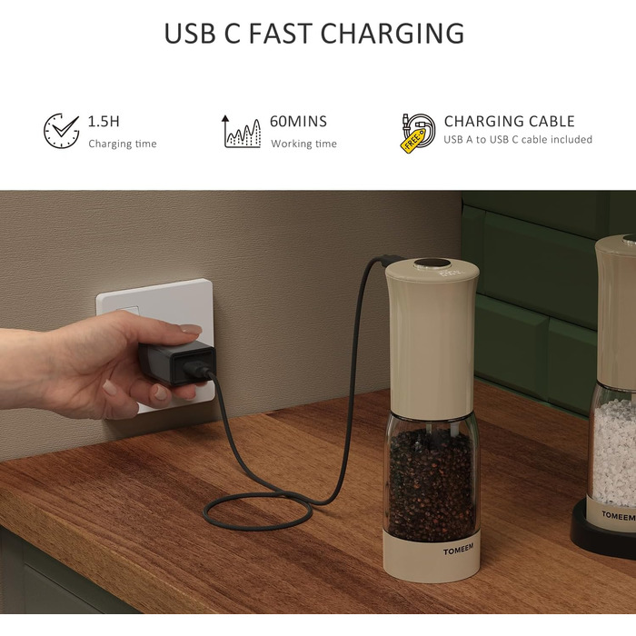 Електричні мельниці для солі та перцю TOMEEM (2 шт.) з LED-дисплеєм, USB-зарядкою, регулюванням помелу та керамічним механізмом, 125 мл, чорний/хакі