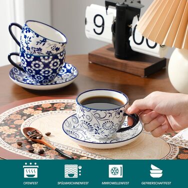 Набір кавових чашок капучіно Vancasso Selene 6 шт., 240 мл, блакитно-білий вінтажний дизайн, високоякісне фарфорове покриття, придатні для миття в посудомийній машині та використання в мікрохвильовій печі