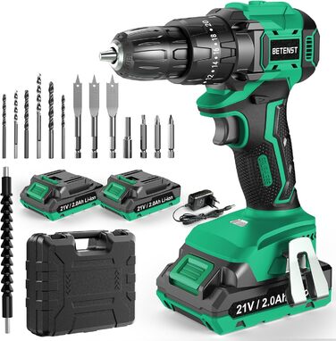 Акумуляторний шуруповерт BETENST 21V: 42Nm, 2.0Ah, 25+3 рівня крутного моменту, 2 швидкості, 10 мм патрон, LED, 30-ти елементний набір для дому, саду, DIY