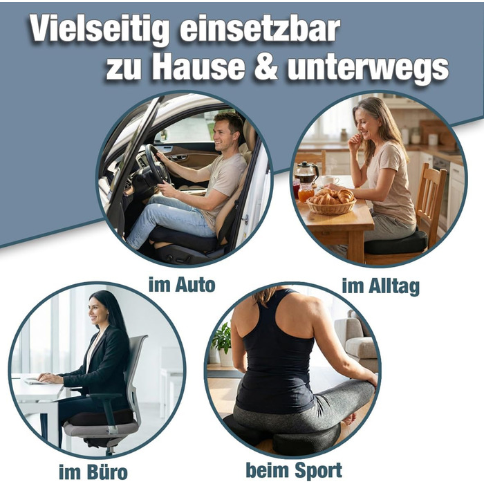 Ортопедична подушка для сидіння Steißbein з Memory Foam, 3 ступені жорсткості. Для офісного крісла, авто, дому. Розвантаження при тривалому сидінні. Чорний, 60-90 кг.