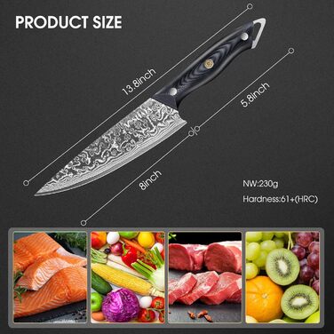 Ніж кухарський MOSFiATA Дамаск 8 дюймів - Японський ніж з дамаської сталі, кухонний ніж шеф-кухаря з чохлом, 3 захисними вкладишами та подарунковою упаковкою