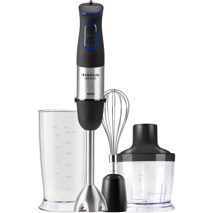 Стабілізатор Taurus Stabmixer 1000W: 20 швидкостей, турбо-функція, 4 леза з нержавіючої сталі, ергономічний дизайн, захист від бризок, аксесуари, нержавіюча сталь, пластик, срібно-чорний