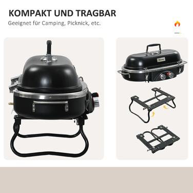 Газовий гриль Outsunny потужністю 2,34 КВт, складний, BBQ гриль для саду з 2 нержавіючими пальниками, редуктором, газовим шлангом, кришкою, термометром, 2 зонами нагріву, кемпінговий гриль для балкона, розміри 66 x 34,5 x 37 см | Aosom