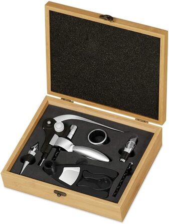 Maverton Wine Opener Set Personalized Wine Set Sommelier Set - Gift Box Wooden Box + 6-Piece Wine Accessory Set - Made of Bamboo - Brown - Birthday Gift for Men - (King)