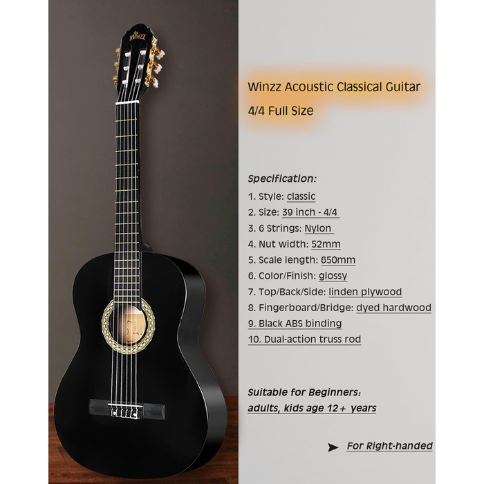 Класична гітара Winzz 4/4 для дорослих та дітей (від 11 років), набір для початківців - Чорний глянцевий (39 дюймів)