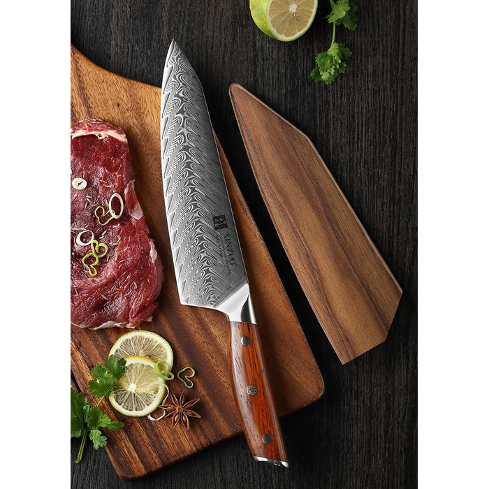Ніж кухарський XINZUO Damaststahl Kiritsuke 21см, професійний, з ручкою з рожевого дерева, з магнітною підставкою