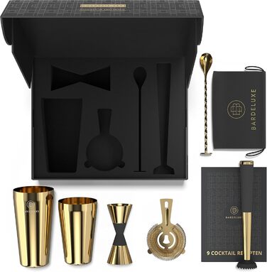 Набір бармена Boston Shaker Set BarDeluxe® 5 предметів: шейкер, аксесуари, рецепти, сумка (золото)
