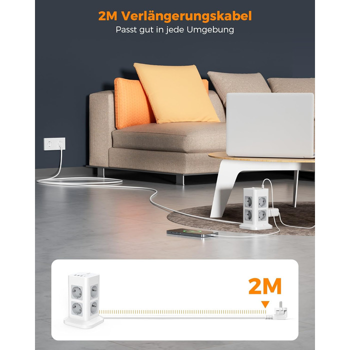 Багатофункціональна мережа TESSAN з 8 розеток, USB-C, захистом від перенапруги, вимикачем, 2 м кабелем, 3600W (сірий/білий)