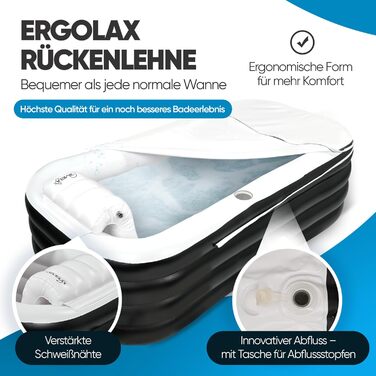 Надувна ванна TIMELAX® XL з ергономічною спинкою | 0,5 мм PVC, без BPA | Мовна, розкладна, для дорослих, чорна