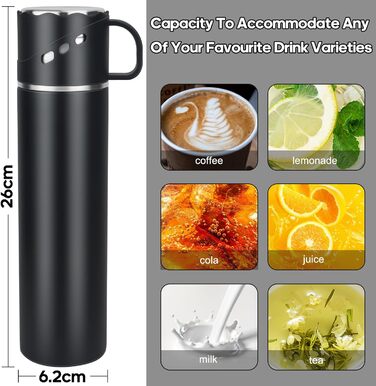 Термос із нержавіючої сталі 550 мл - термос-термокружка з чашкою та ручкою, вакуумний термос 12 годин гарячий / 12 годин холодний, нековзний термос для кави в дорогу для спорту, роботи, школи, автомобіля (Чорний)
