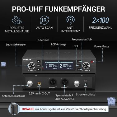 TONOR TW750 Бездротовий мікрофон UHF з регулюванням, 2 шт., 100м радіус дії, світлодіодний індикатор, автосканування, для караоке, церкви, вечірок
