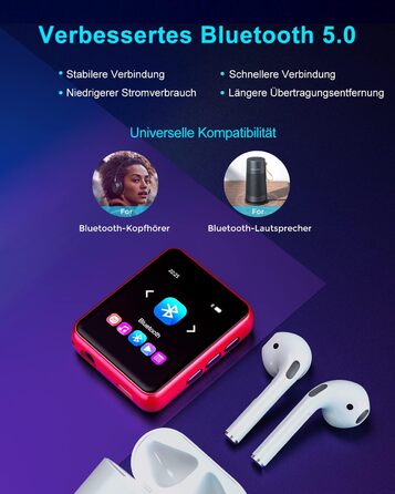 MP3 плеєр 32GB Bluetooth 5.0 з сенсорним екраном, HiFi, радіо, диктофон (червоний)