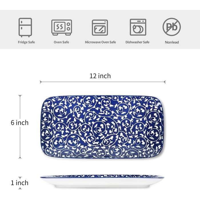 Сервіровочні тарілки Selamica Keramik, набір 6 шт., 24 x 14 x 2.5 см, вінтажний блакитний, для суші, закусок, фруктів