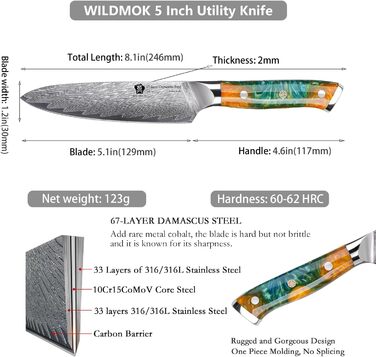 Кухонний ніж WILDMOK 12см з японської сталі VG-10 Damaskus, ергономічна ручка, подарункова коробка
