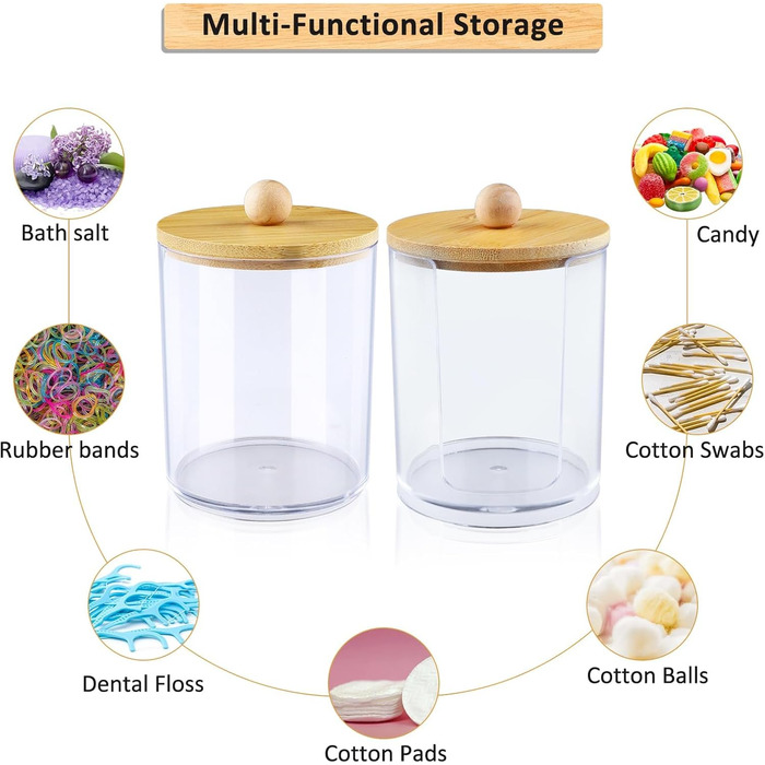 Організатор для ватних дисків та паличок: прозорий контейнер з бамбуковою кришкою (4 шт.)
