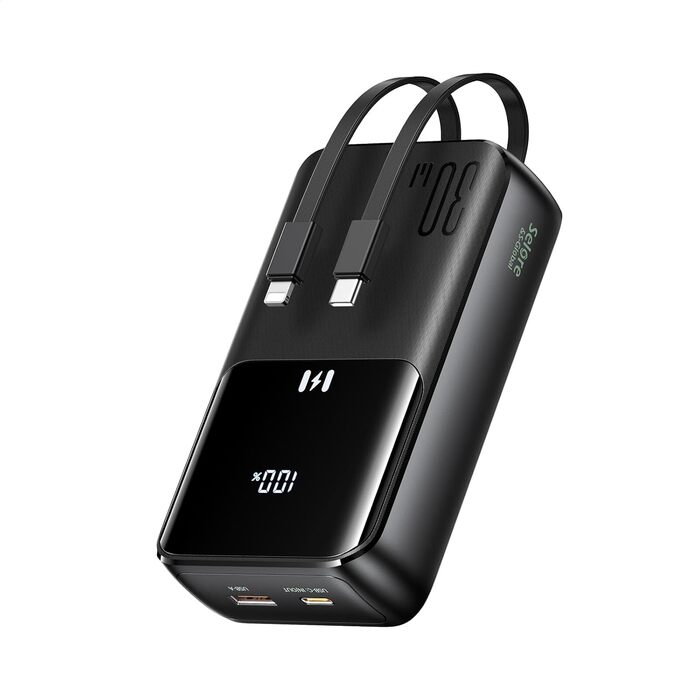 Power Bank Selore&S 20000mAh 30W з USB-C, LED дисплеєм та 4 виходами. Чорний. Сумісний з iPhone, MacBook, iPad, Samsung Galaxy