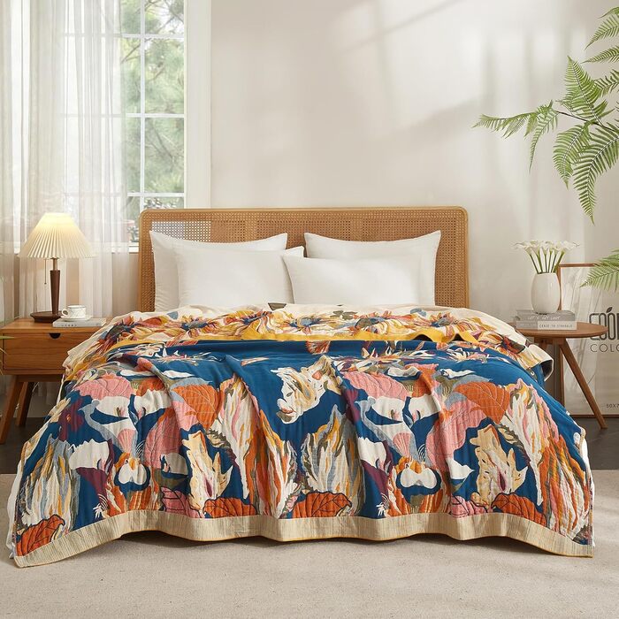 Богемна ковдра Softexly Boho Decke 100% бавовна – двостороння муслінова ковдра 150x200 см, м'яка софа та ковдра на ліжко, естетичний дизайн, ідеально підходить для вітальні та спальні, Orange/Grün Blütentraum (230 x 250 см, Sommertanz)