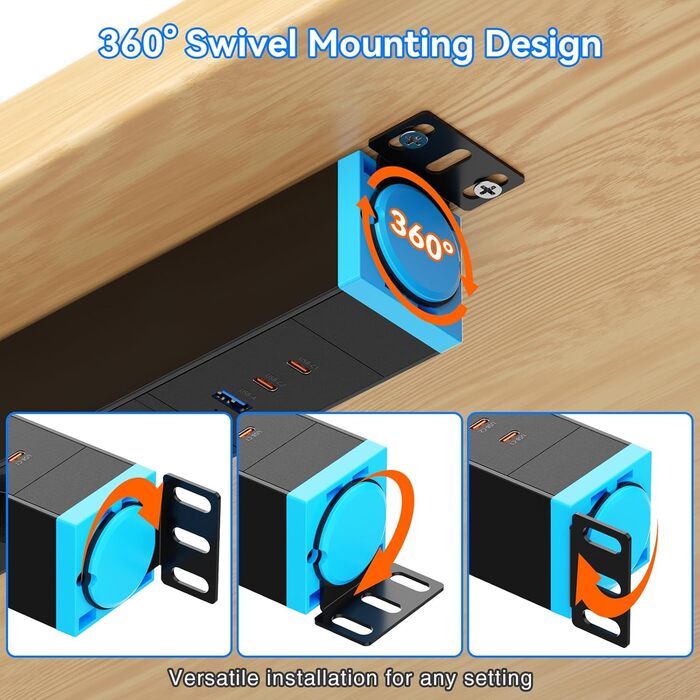 Мережевий фільтр із захистом від перенапруги, 10 розеток, поворотний на 360°, для стін, 1.8м, 16A/4000W, для офісу та дому, чорний