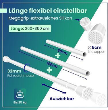 Штанга для штор без свердління, телескопічна, 260-350 см, біла. Підходить для штор, душової кабіни, одягу, сіток для котів.