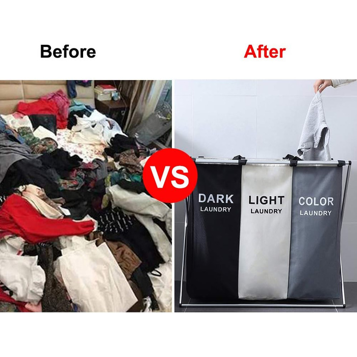 UHAPEER Laundry Basket 3 Compartments Large Foldable Dirty Clothes Basket Waterproof Laundry Collector Space Clothes Classification Light/Dark/Dyed (68 * 38 * 60cm, 3 Compartments)