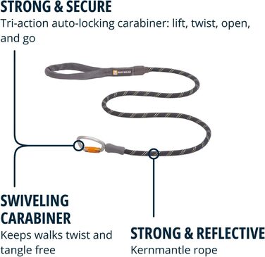 RUFFWEAR Knot-a-Leash, reflective rope dog leash with carabiner clip, length: 1.5 m, strength: 7 mm, Obsidian Black