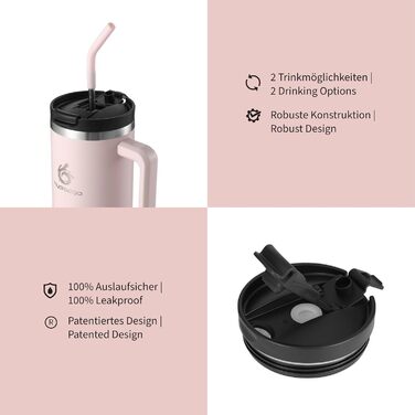 Термокружка Hydro2Go з трубочкою – BPA-free, придатна для миття в посудомийній машині, 10 годин гаряче/12 годин холодне, термокружка To-Go (1200 мл, Рожевий)
