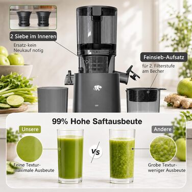 Шнекова соковижималка Slow Juicer для овочів та фруктів з широким завантажувальним отвором 120 мм, холодний віджим, функція самонарізання, 2 сіта, BPA-free