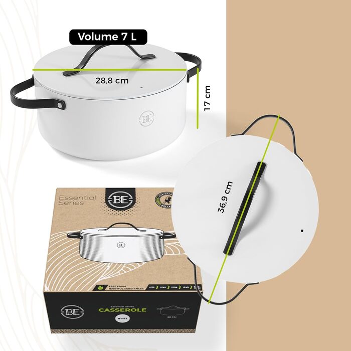 Каструля Be Living Essential з кришкою, 24 см, 7 л, з антипригарним покриттям Keramik Antihaft, для індукційних плит, без PTFE та PFOA, білий