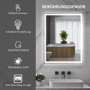 Дзеркало для ванної кімнати HOMCOM з підсвіткою 90x70 см, LED, настінне з функцією пам'яті, 3 кольори світла, запобігає запотіванню, сенсорне управління, срібний