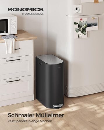 SONGMICS Відро для сміття кухонне, сортувальник 2 відділення, 30 л та 20 л, вузьке, з педаллю, для переробки та сміття, з двома кришками, білий + металік
