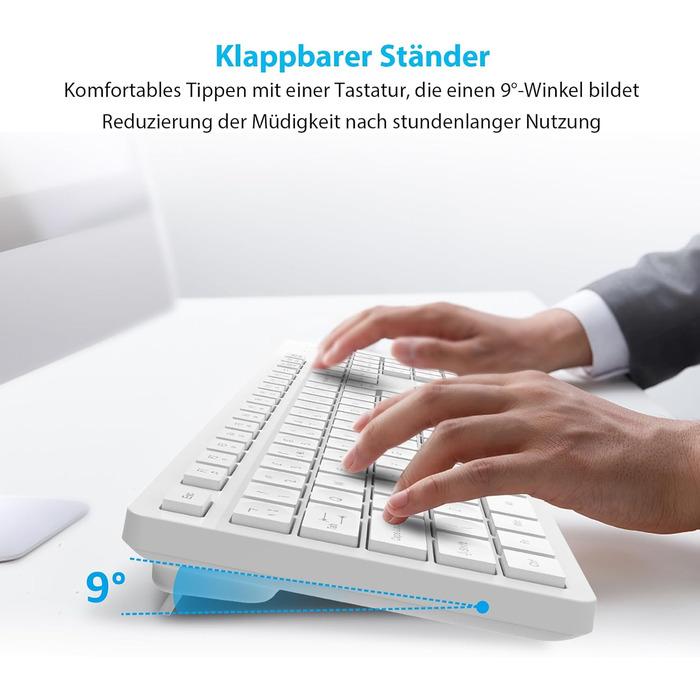 Бездротовий комплект клавіатури та миші Leadsail K786 з цифровою клавіатурою QWERTZ (німецька) - тиха клавіатура, 2.4 GHz, USB Nano приймач для ПК/ноутбука (білий)