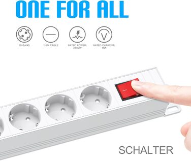 Мережевий фільтр 10 розеток з захистом від перенапруги, з вимикачем та поворотними кріпленнями, металевий корпус (білий)