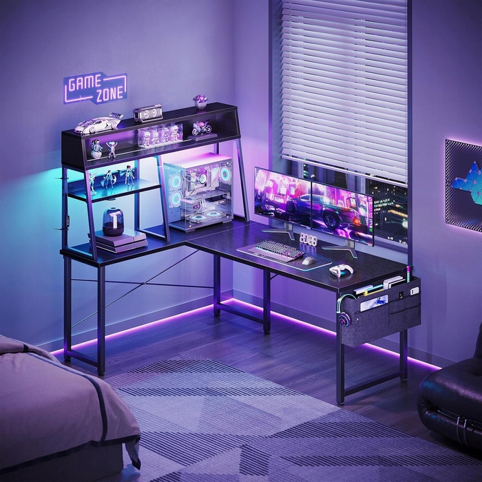 Кутовий ігровий стіл з RGB LED-підсвіткою, полицею та підставкою для ПК, 130x100 см