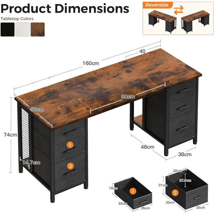 Колесхоум Стол письмовий з 6 шухлядами 160x52 см, комп'ютерний стіл з полицями для дому та офісу (Колір: Коричневий, 160x52 см)