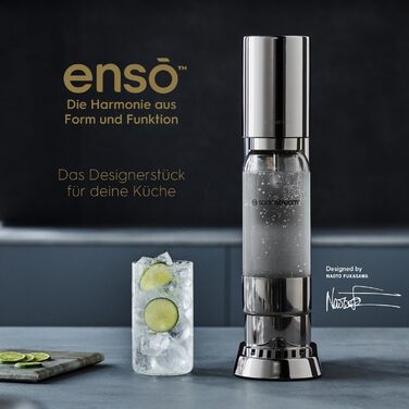 SodaStream® enso™ Преміум Газовий Напоєвник | Нержавіюча сталь, дизайн Naoto Fukasawa | З пляшкою 1 л без BPA та серветкою | Проста заміна CO2, Срібний Enso без балончика