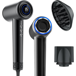 Професійний фен Hiacinto з іонізацією та технологією Plasma, 180 000 обертів/хв, тихий (59dB), 3 режими температури/повітря, з насадкою та дифузором, компактний для подорожей