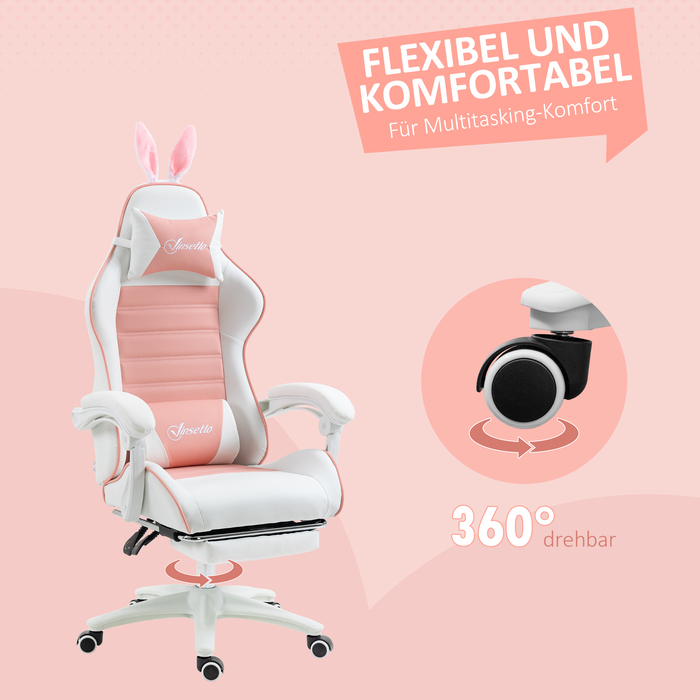 Vinsetto Gaming Chair Ergonomic Gamer Chair with Lumbar Support, Footrest, Gaming Recliner with Bunny Ears, Head Pillow, Height Adjustable Office Chair with Adjustable Recline Function Pink | Aosom