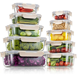 Набір скляних контейнерів для зберігання їжі з кришками з преміум-пластику, 10 шт. - блакитні